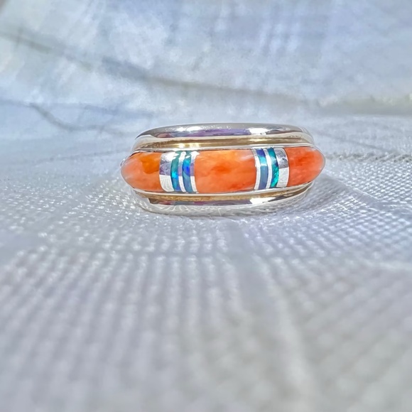Spiny Oyster and Opal sterling silver signed native Navajo ring - Picture 7 of 8